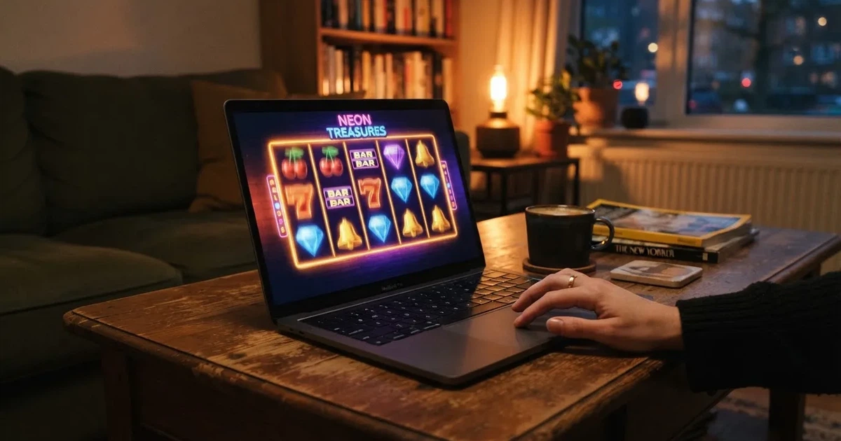 Rulli di una slot in movimento sullo schermo di un computer in un salotto — 100 giri gratis senza deposito