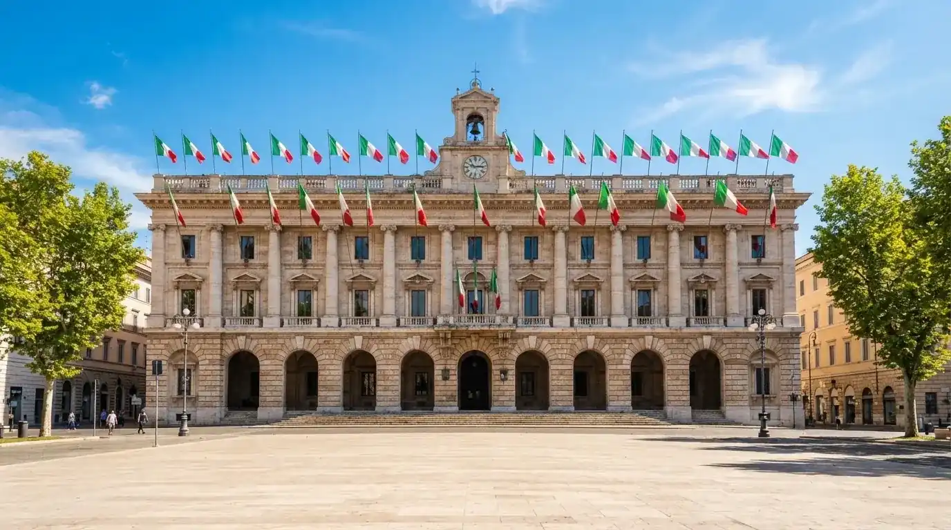 Palazzo istituzionale con bandiere al vento in una piazza soleggiata — 25, 30, 50, 100, 200 giri gratis senza deposito