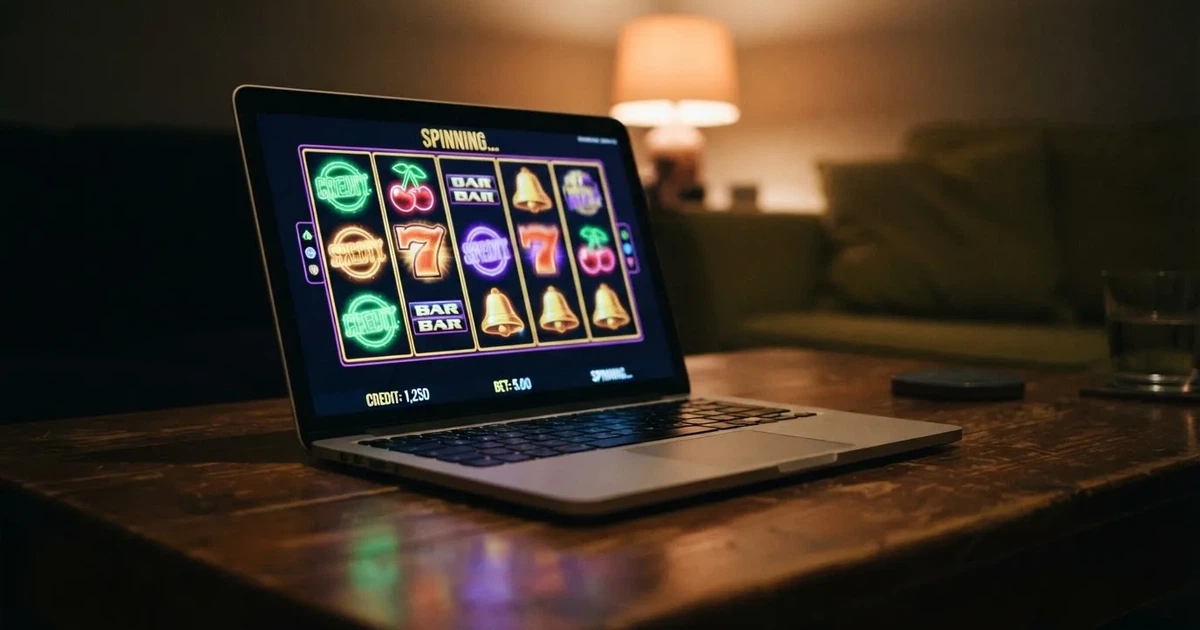 Rulli di una slot in movimento sullo schermo di un computer in un salotto — 25, 30, 50, 100, 200 giri gratis senza deposito