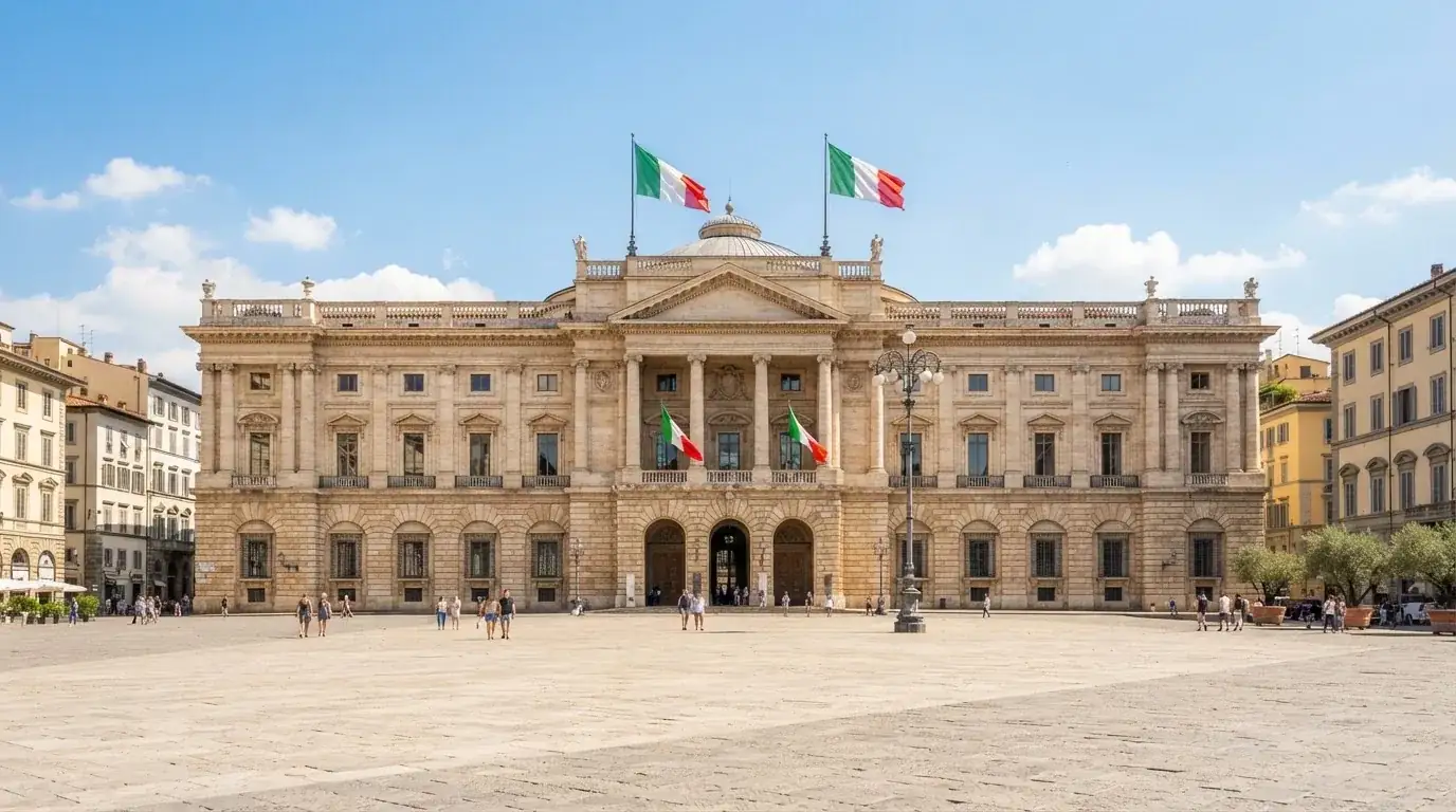 Palazzo istituzionale con bandiere al vento in una piazza soleggiata — 50 free spins senza deposito