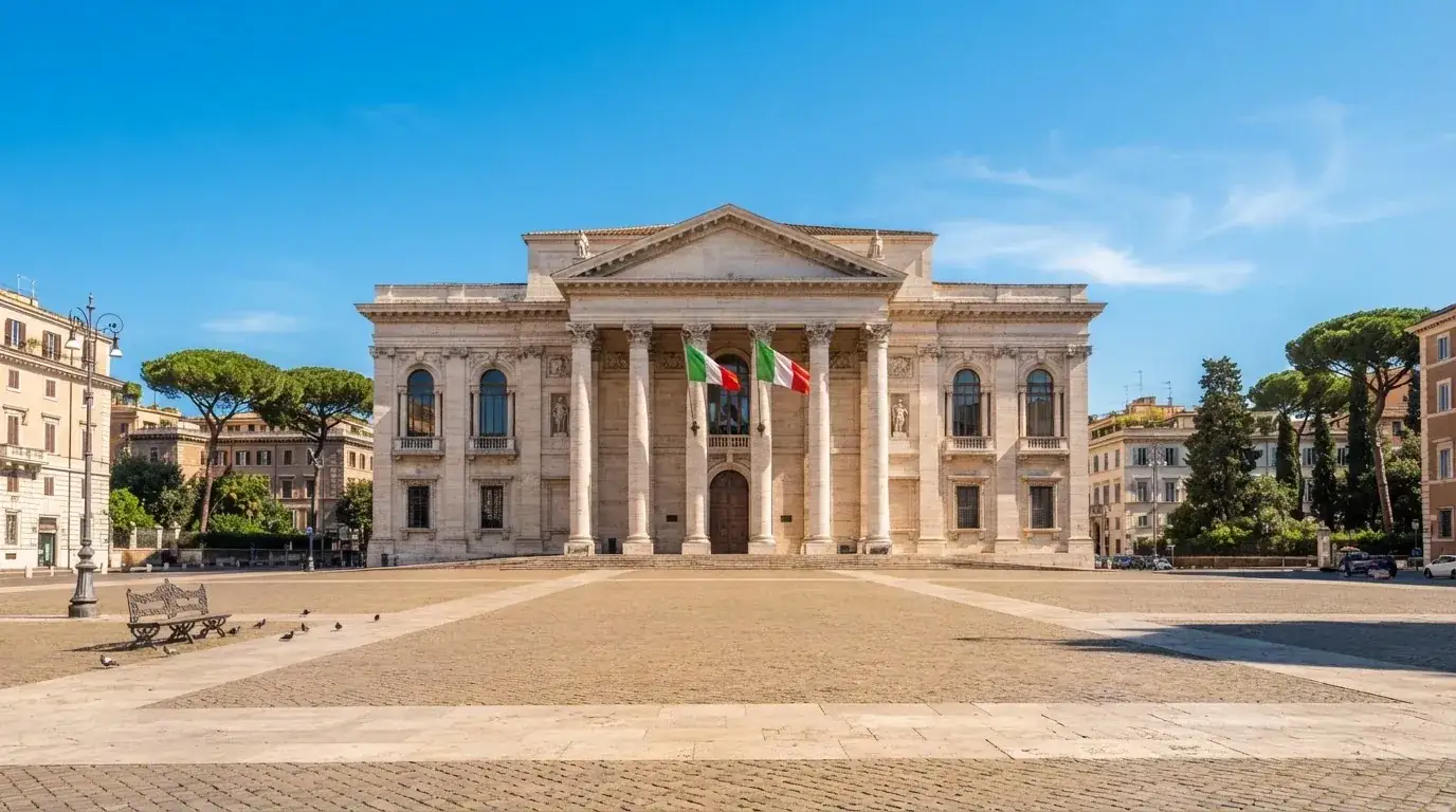 Palazzo istituzionale con bandiere al vento in una piazza soleggiata — big time gaming live casino italia