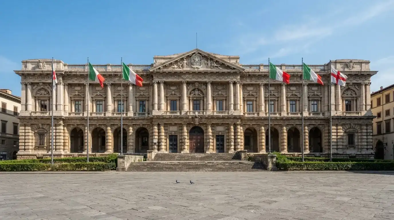 Palazzo istituzionale con bandiere al vento in una piazza soleggiata — casino com app android
