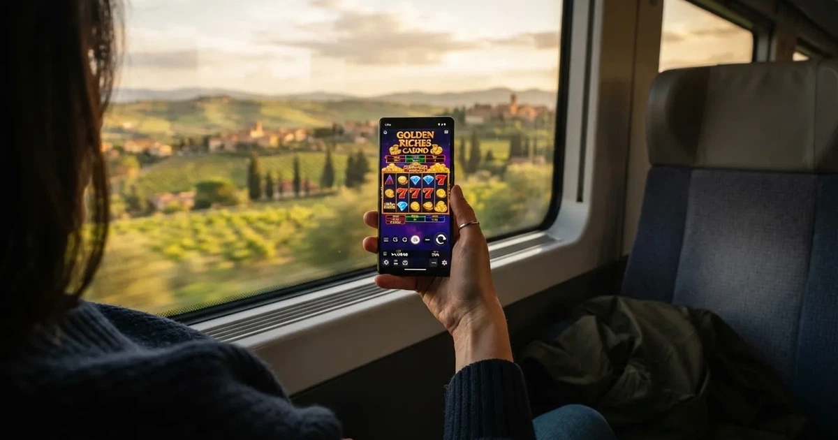 Smartphone in mano su un treno, paesaggio sfocato dal finestrino — casino com app android