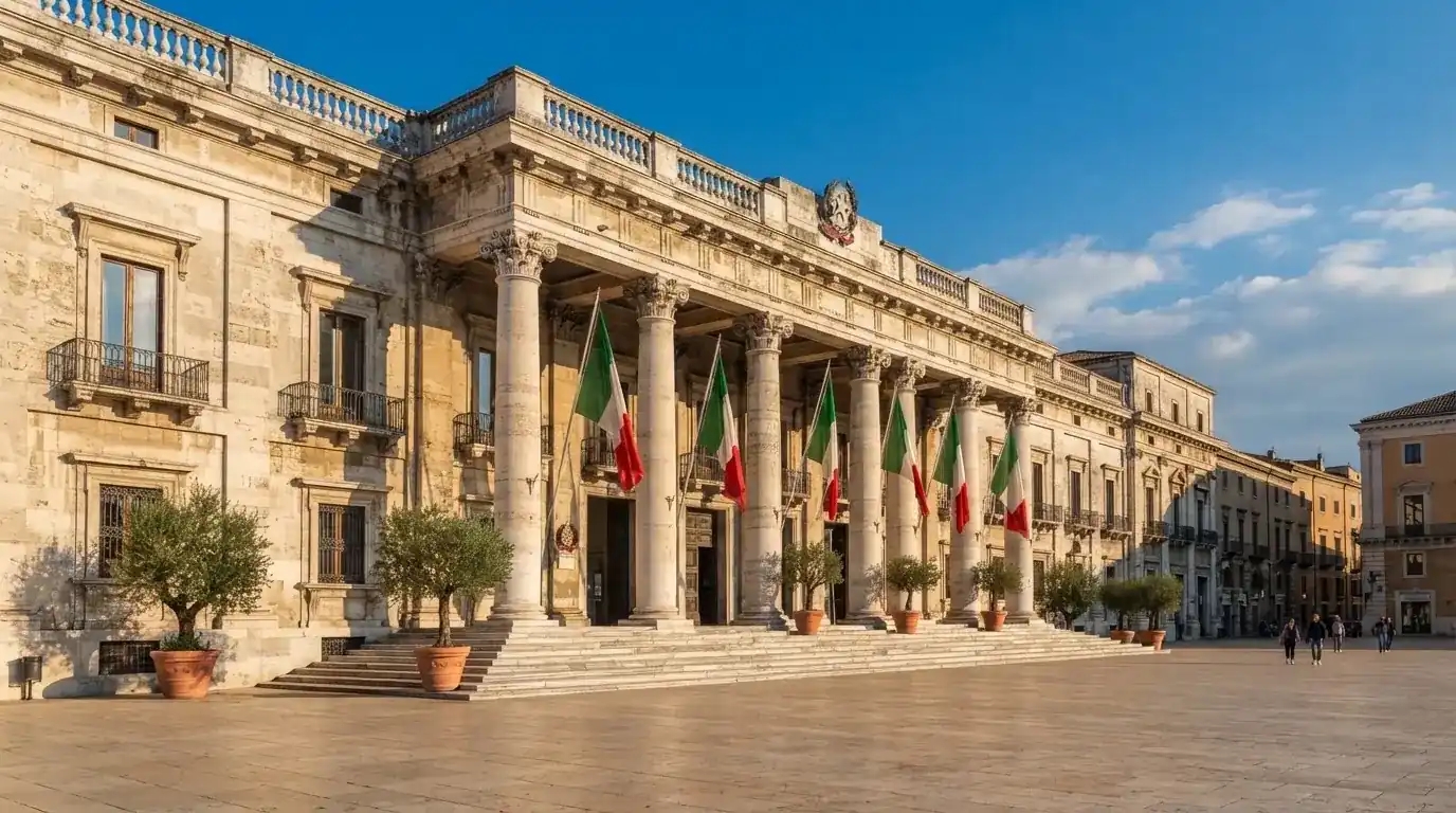 Palazzo istituzionale con bandiere al vento in una piazza soleggiata — casino com app iphone