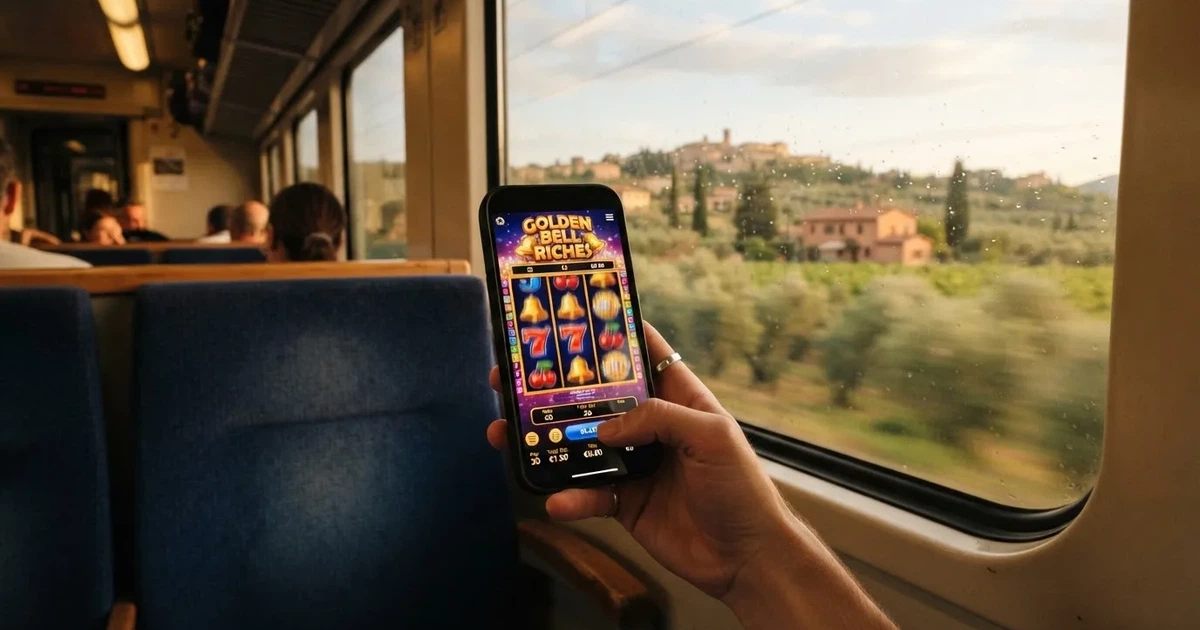 Smartphone in mano su un treno, paesaggio sfocato dal finestrino — casino com app iphone