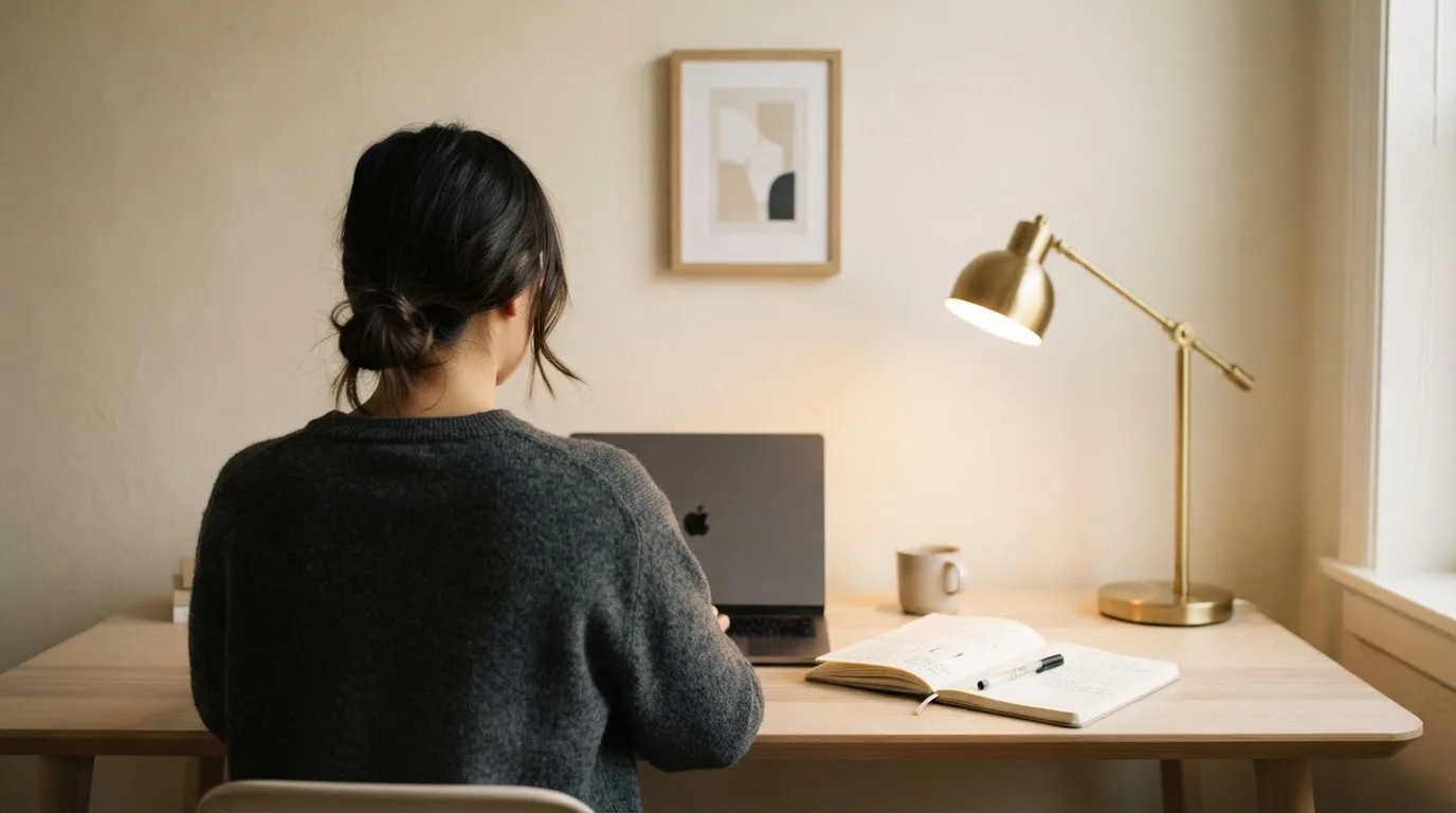Una persona seduta a una scrivania minimalista con un laptop chiuso e una lampada accesa in un ufficio domestico ordinato.