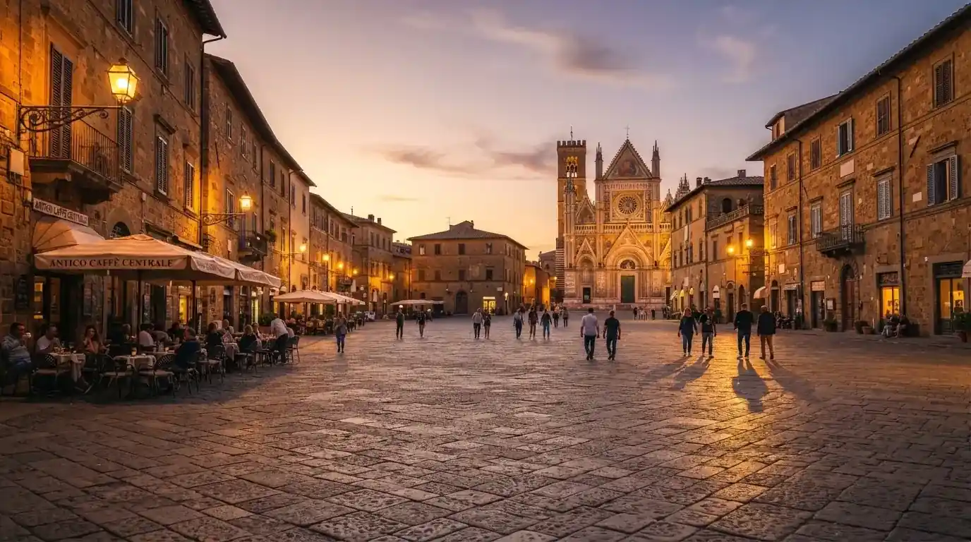 Vista panoramica di una piazza italiana al tramonto con lampioni accesi e persone che passeggiano.