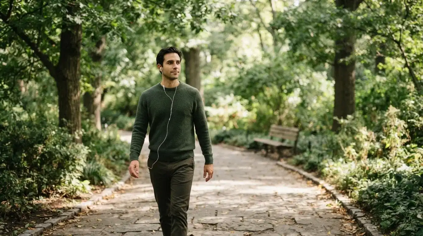 Un uomo cammina all'aperto in un parco cittadino indossando cuffie, lontano da qualsiasi dispositivo elettronico acceso.