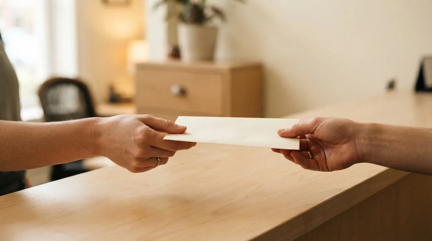Una mano passa una busta chiusa a un'altra persona attraverso un bancone in legno chiaro.