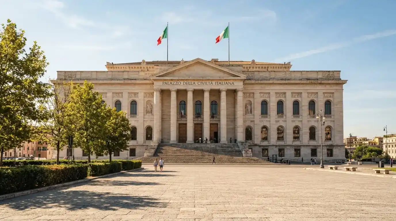 Palazzo istituzionale con bandiere al vento in una piazza soleggiata — casino dal vivo online