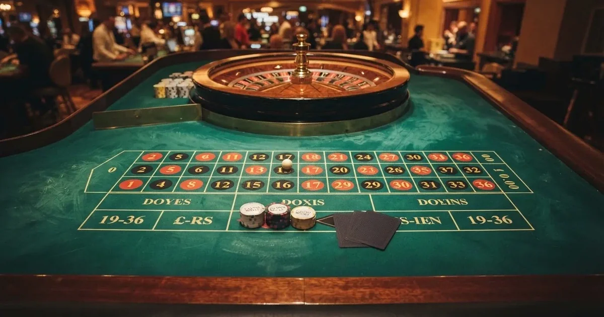 Tavolo da gioco illuminato con carte e fiches visto dall'alto — casino dal vivo online
