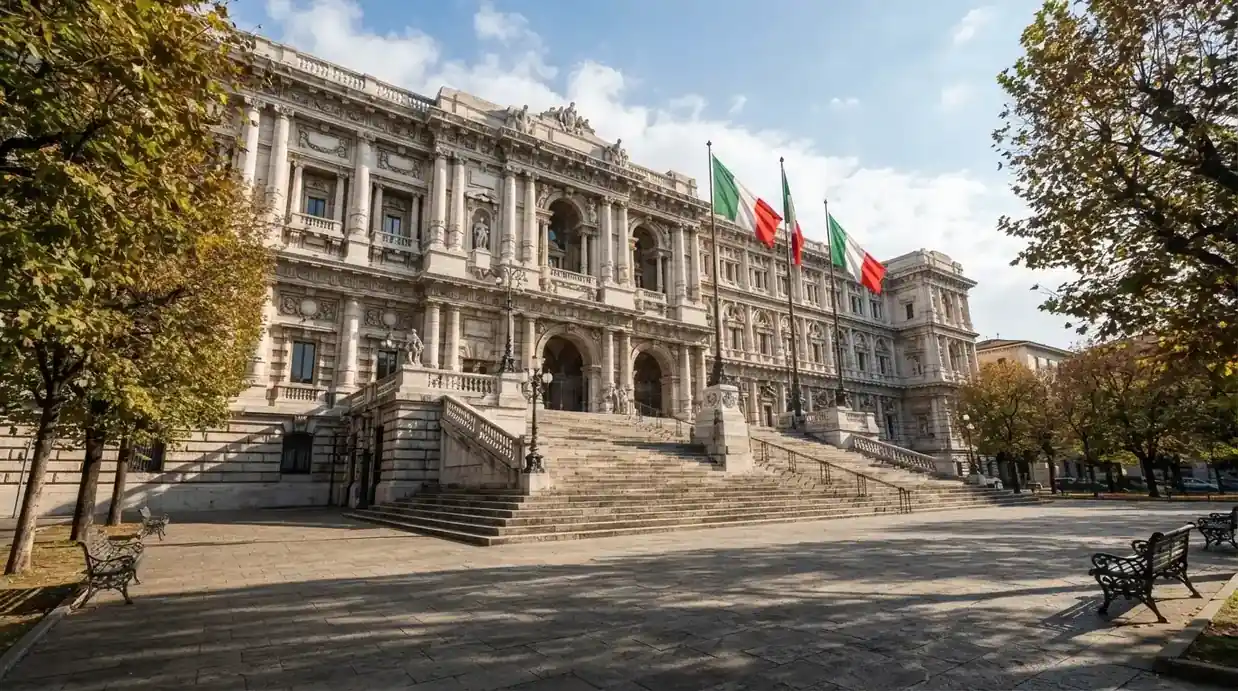 Palazzo istituzionale con bandiere al vento in una piazza soleggiata — casino deposito minimo 1, 5, 10 e 20 euro