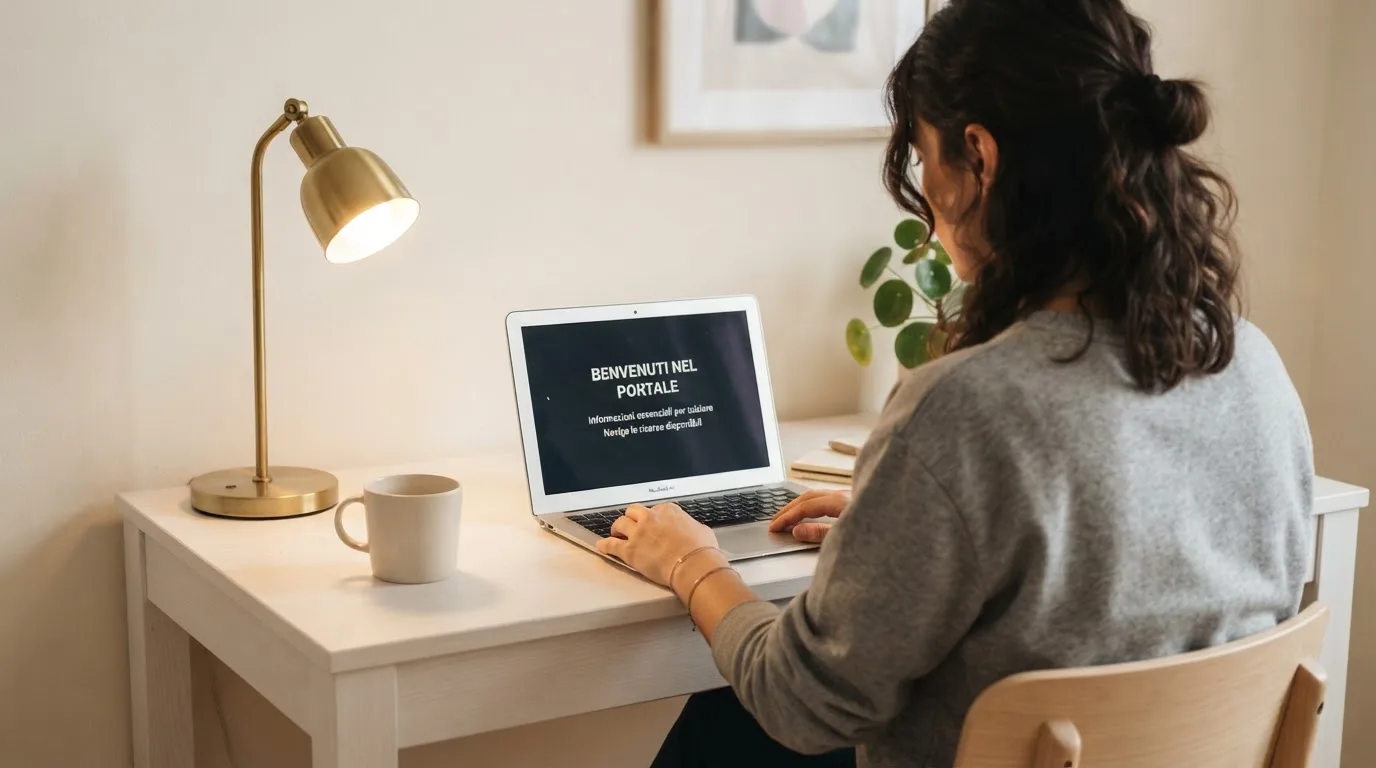 Persona davanti a un portatile che legge una pagina informativa sul gioco online in Italia — casino deposito minimo 1 euro