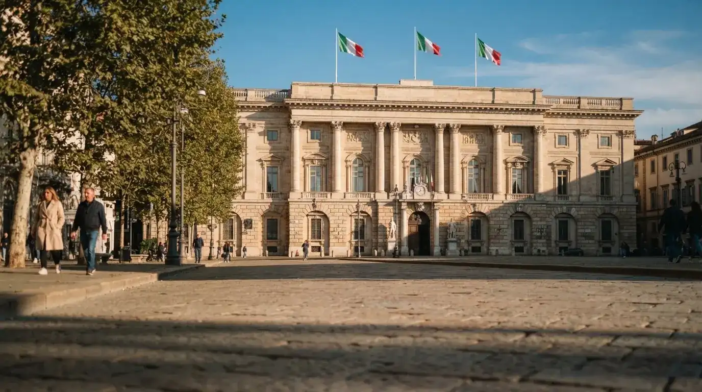 Palazzo istituzionale con bandiere al vento in una piazza soleggiata — casino deposito minimo 1 euro