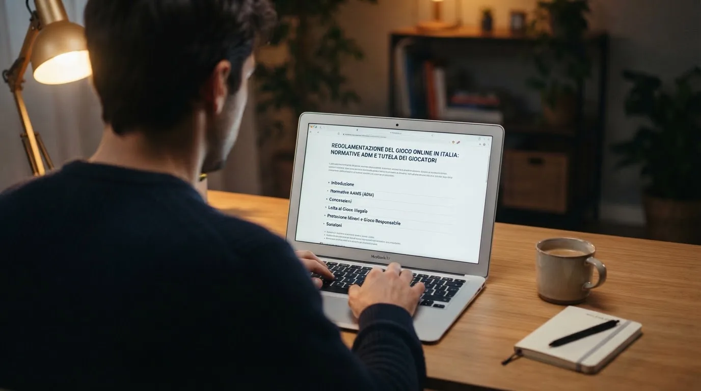 Persona davanti a un portatile che legge una pagina informativa sul gioco online in Italia — casino deposito minimo 10 centesimi