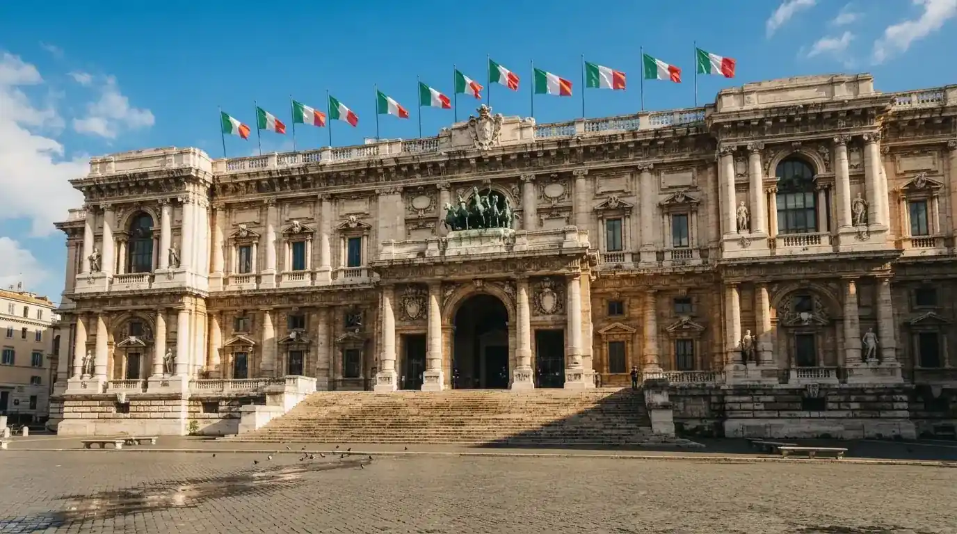 Palazzo istituzionale con bandiere al vento in una piazza soleggiata — casino deposito minimo 10 centesimi