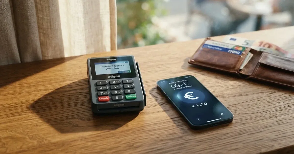 Terminale di pagamento e smartphone su un tavolo di legno accanto a un portafoglio — casino deposito minimo 10 centesimi