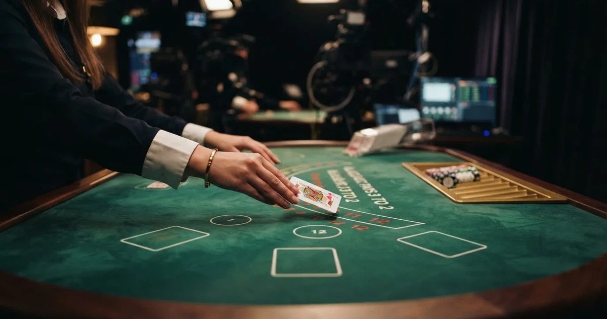 Un croupier distribuisce carte su un tavolo da gioco elegante, illuminato da luci soffuse in una sala professionale.