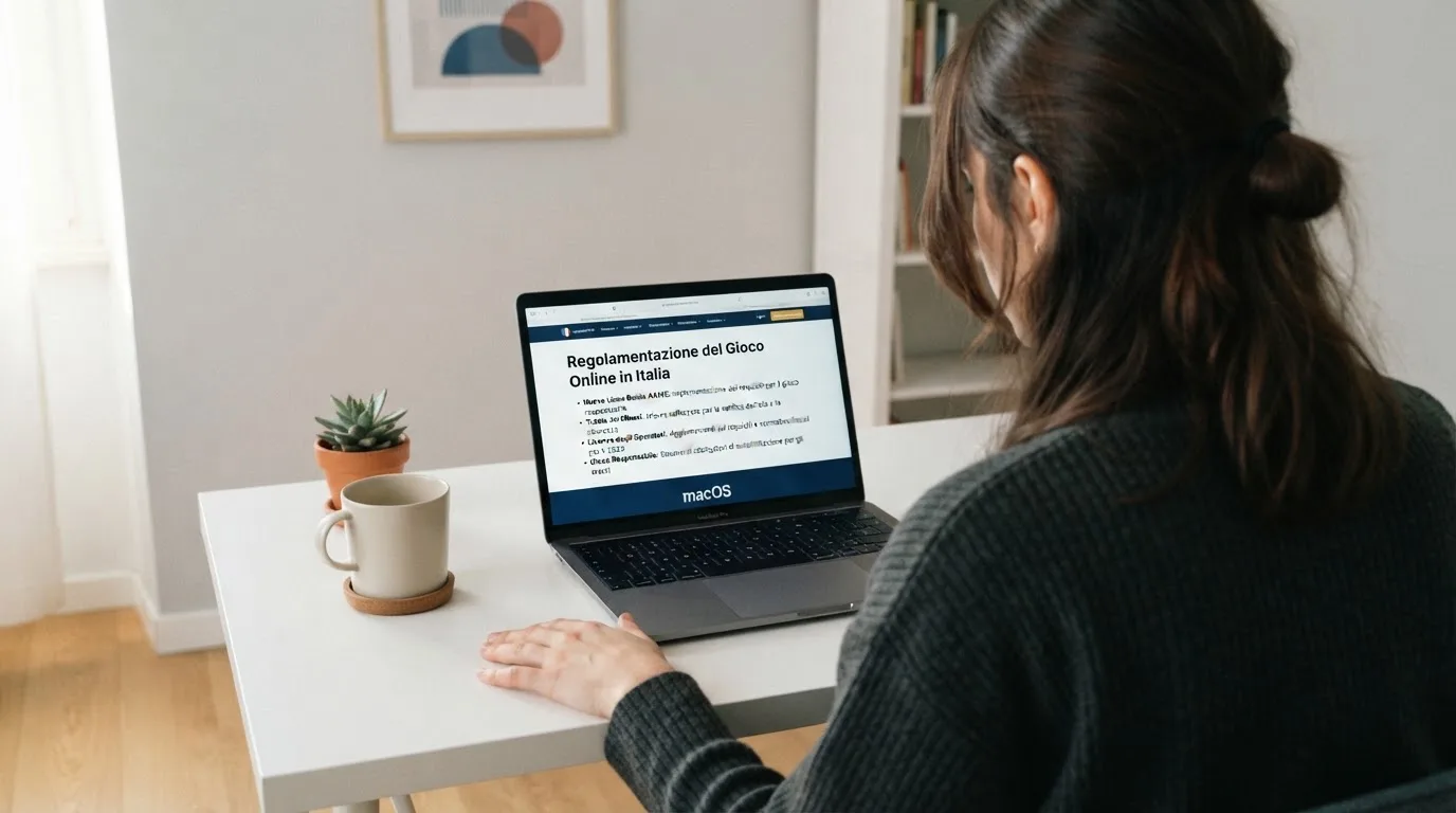 Persona davanti a un portatile che legge una pagina informativa sul gioco online in Italia — casino metodi di pagamento italia