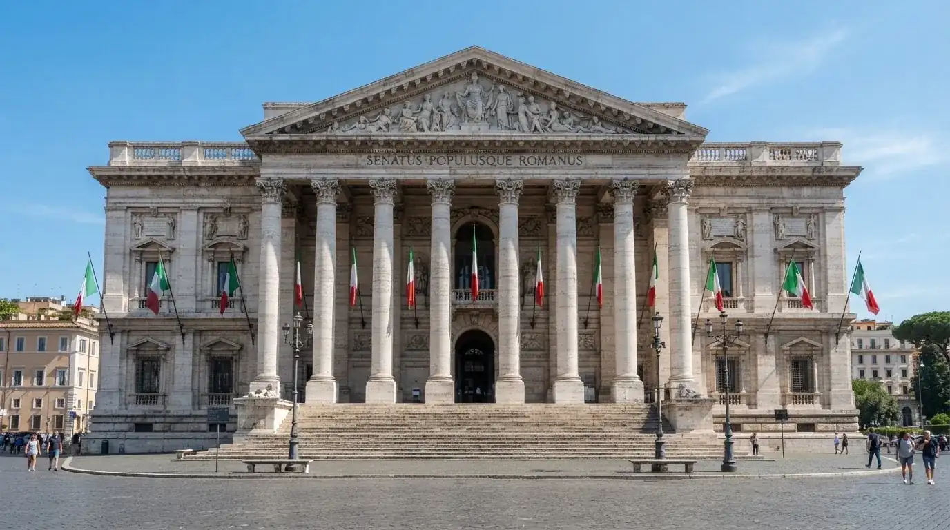 Palazzo istituzionale con bandiere al vento in una piazza soleggiata — casino metodi di pagamento italia