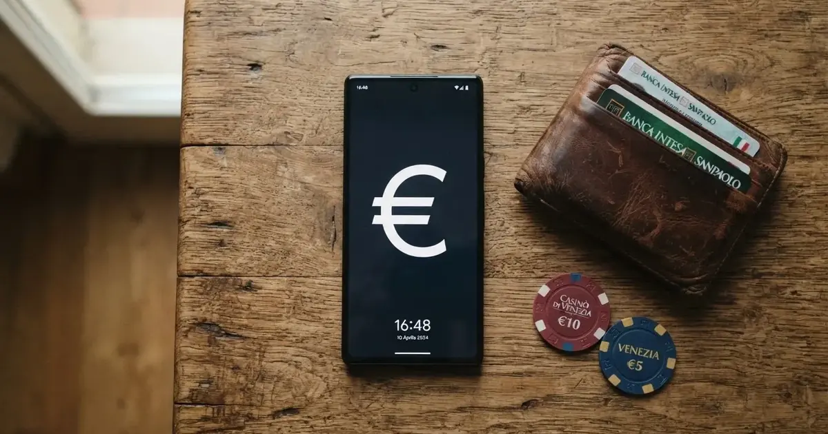 Terminale di pagamento e smartphone su un tavolo di legno accanto a un portafoglio — casino metodi di pagamento italia
