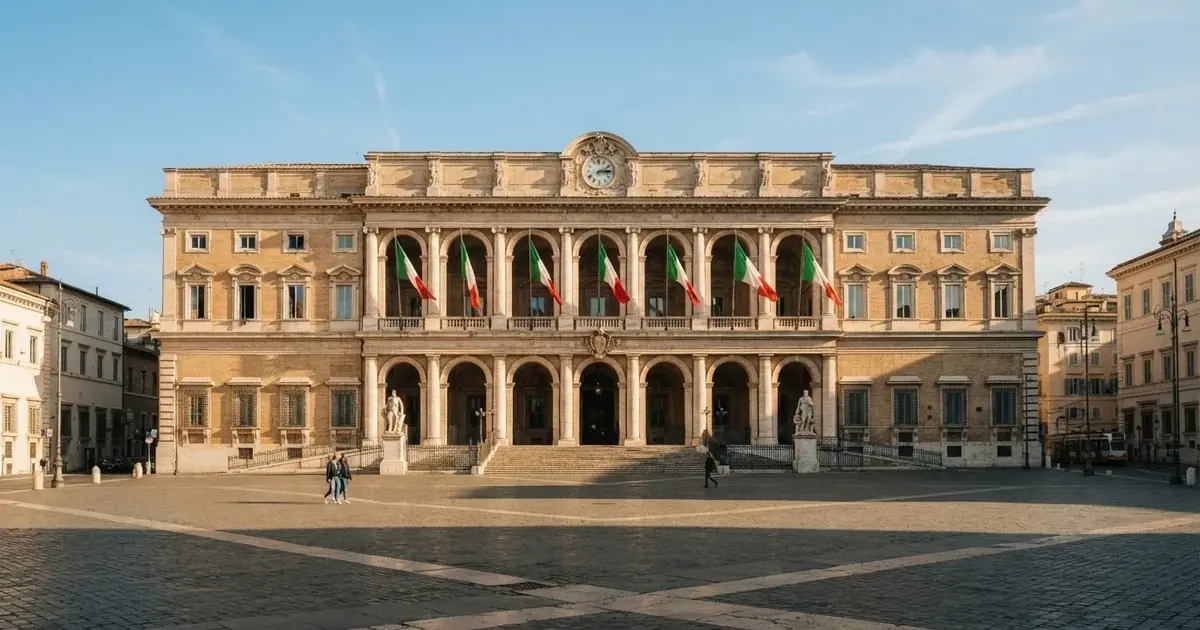 Palazzo istituzionale con bandiere al vento in una piazza soleggiata — casino no adm