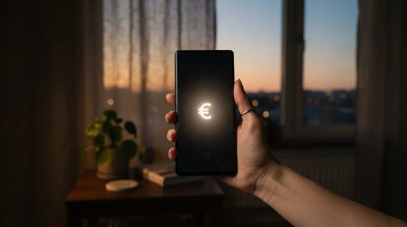 Mano che tiene uno smartphone accanto a una finestra, luce serale tranquilla — casino no adm