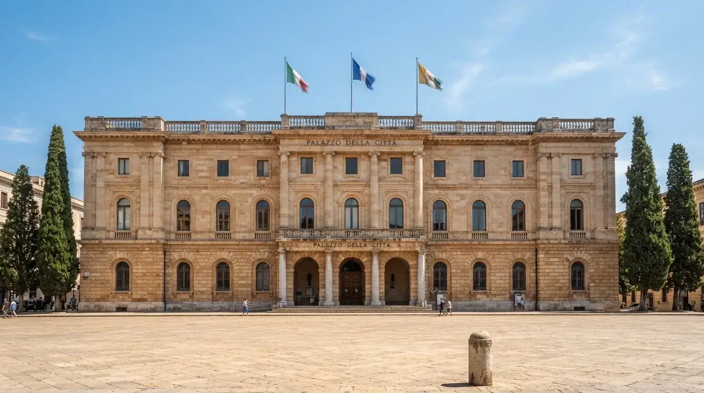 Palazzo istituzionale con bandiere al vento in una piazza soleggiata — casino non aams affidabili