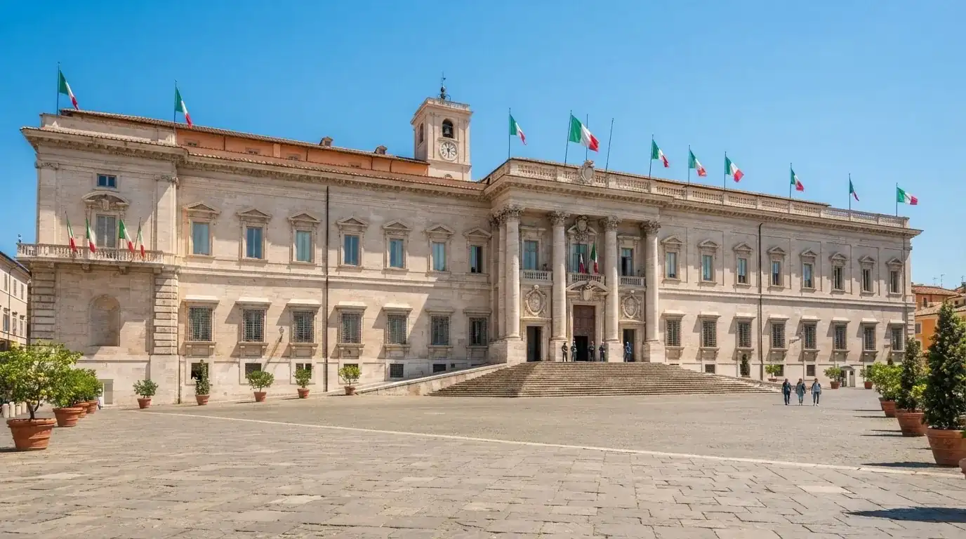 Palazzo istituzionale con bandiere al vento in una piazza soleggiata — casino non aams che accettano postepay