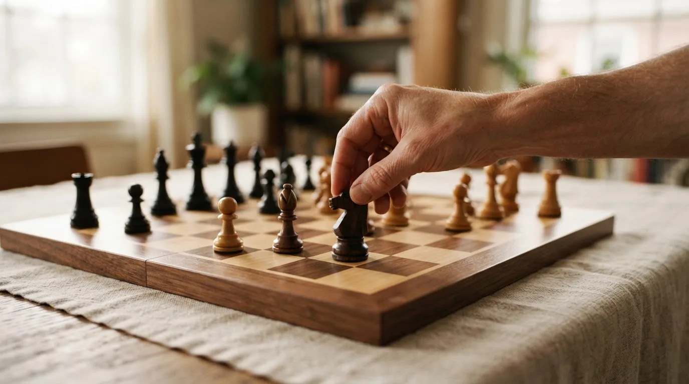Una mano dispone pedine di scacchi in ordine su una scacchiera di legno in una stanza silenziosa.