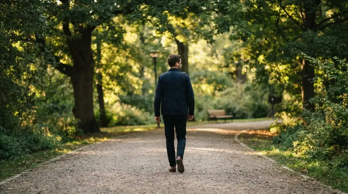 Un uomo cammina all'aperto in un parco cittadino indossando cuffie, lontano da qualsiasi dispositivo elettronico acceso.