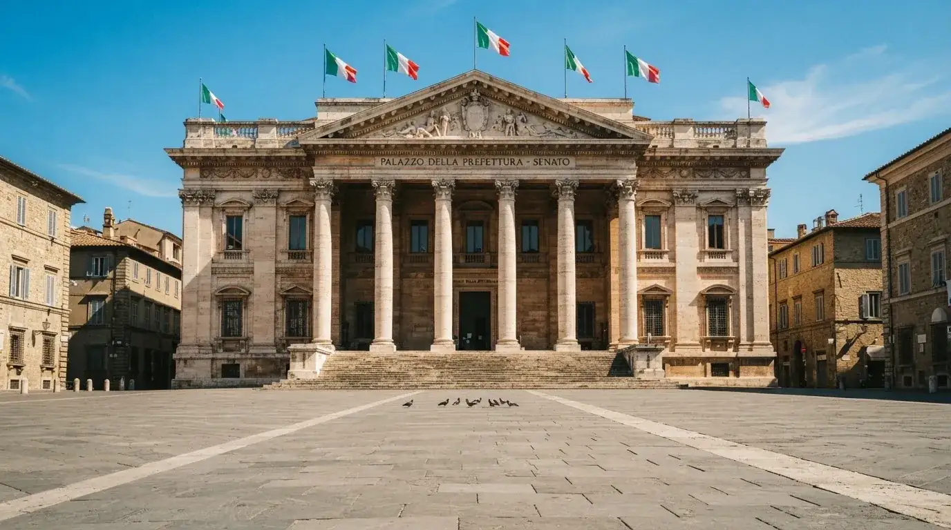 Palazzo istituzionale con bandiere al vento in una piazza soleggiata — casino online con algoritmo unbiased