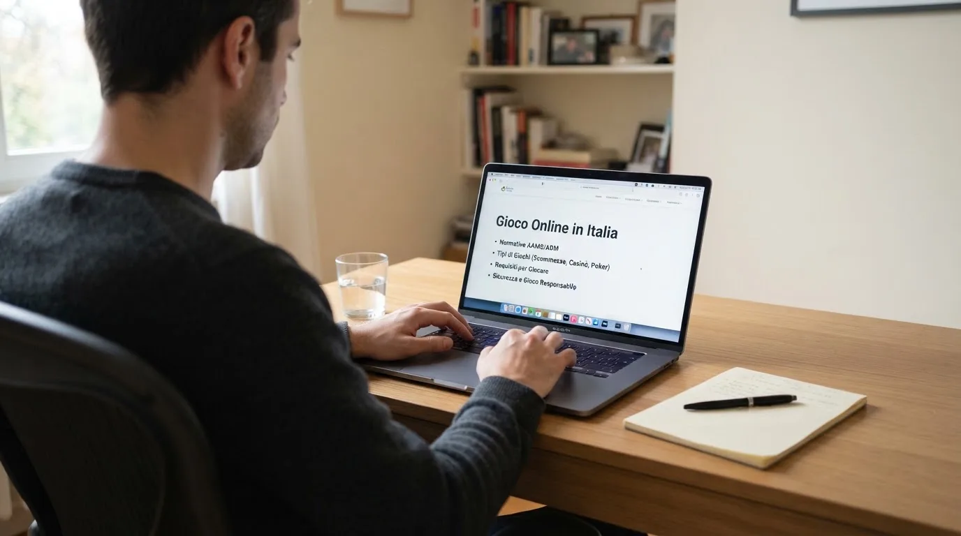 Persona davanti a un portatile che legge una pagina informativa sul gioco online in Italia — casino online con bonus crab