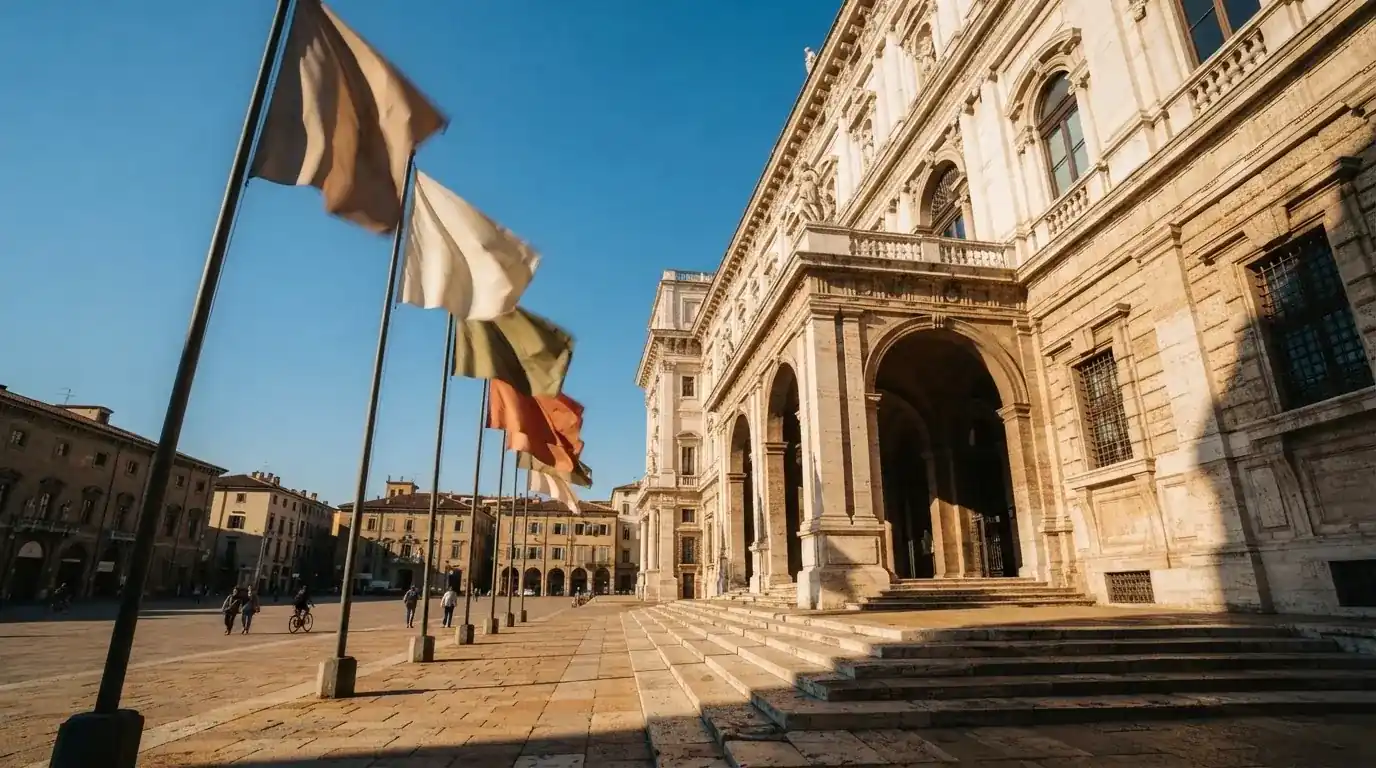 Palazzo istituzionale con bandiere al vento in una piazza soleggiata — casino online con cie