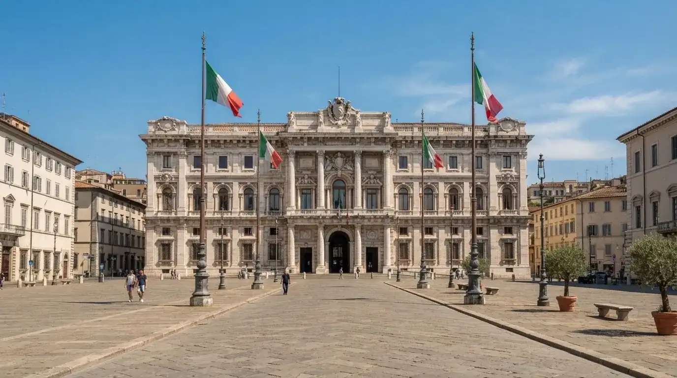 Palazzo istituzionale con bandiere al vento in una piazza soleggiata — casino online con soldi finti
