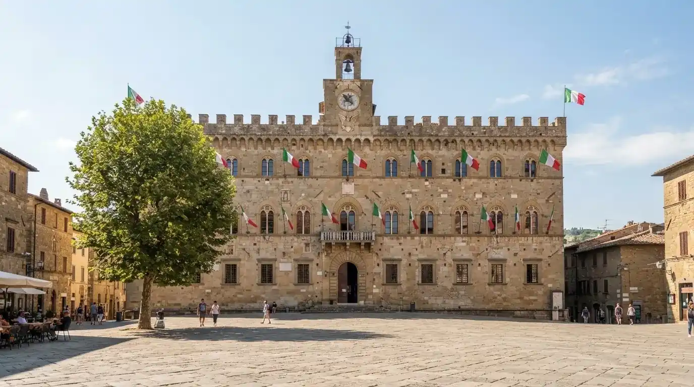 Palazzo istituzionale con bandiere al vento in una piazza soleggiata — casino online italiani senza autoesclusione