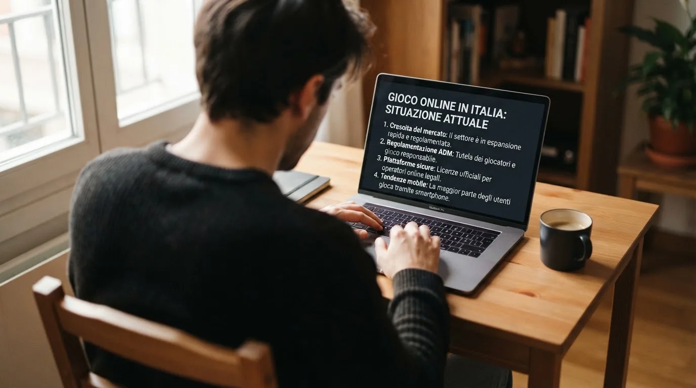 Persona davanti a un portatile che legge una pagina informativa sul gioco online in Italia — casino online pagamento bancoposta