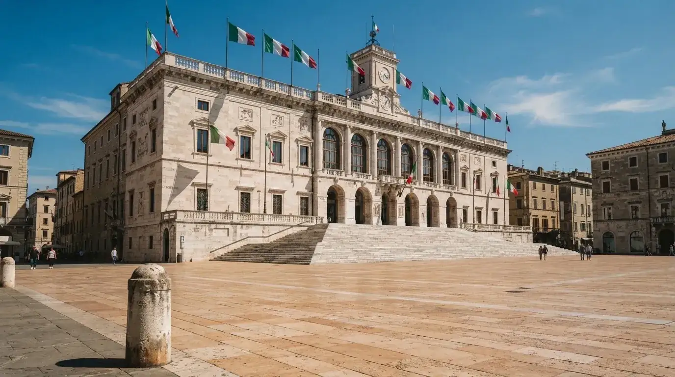 Palazzo istituzionale con bandiere al vento in una piazza soleggiata — casino online pagamento bancoposta