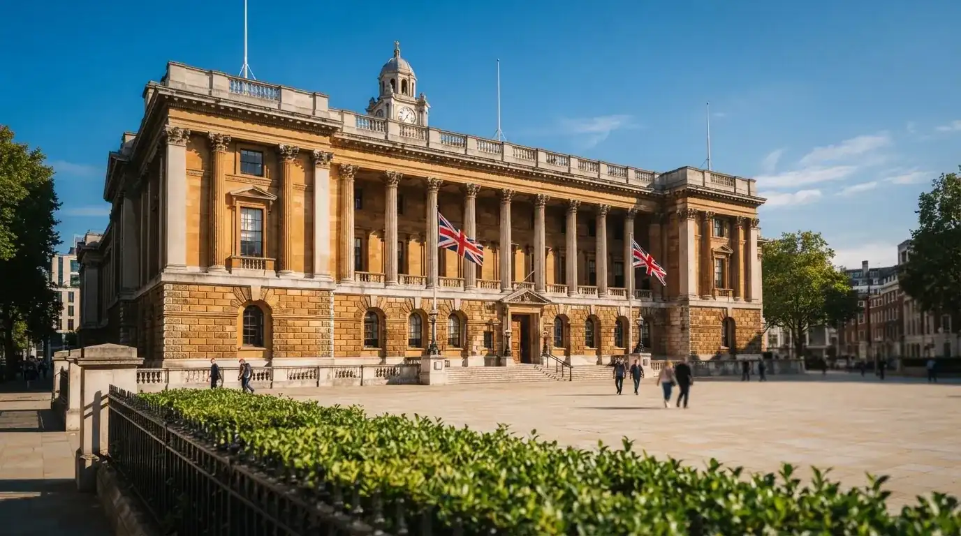 Palazzo istituzionale con bandiere al vento in una piazza soleggiata — casino online senza registrazione