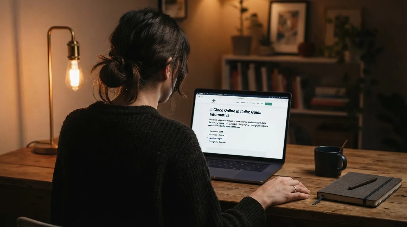 Persona davanti a un portatile che legge una pagina informativa sul gioco online in Italia — casino senza codice fiscale