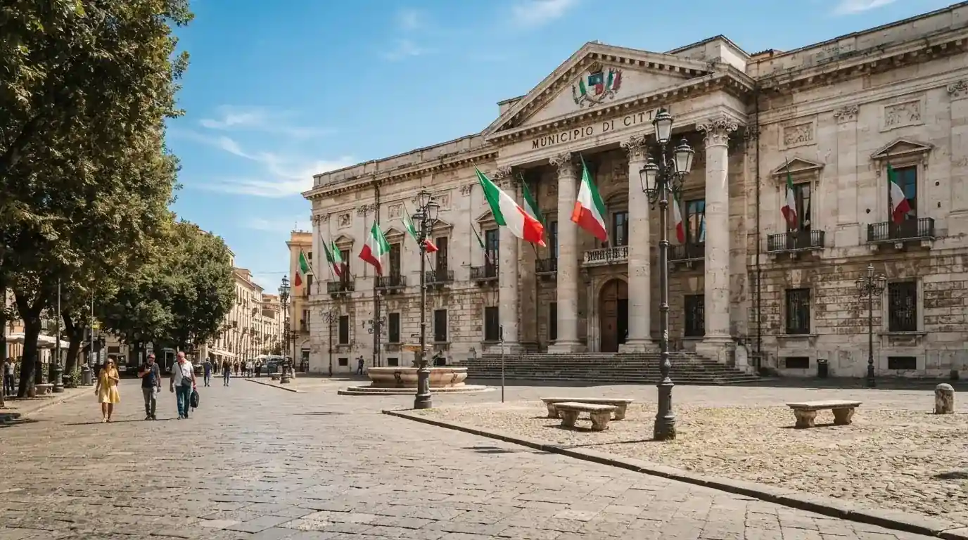 Palazzo istituzionale con bandiere al vento in una piazza soleggiata — casino senza codice fiscale