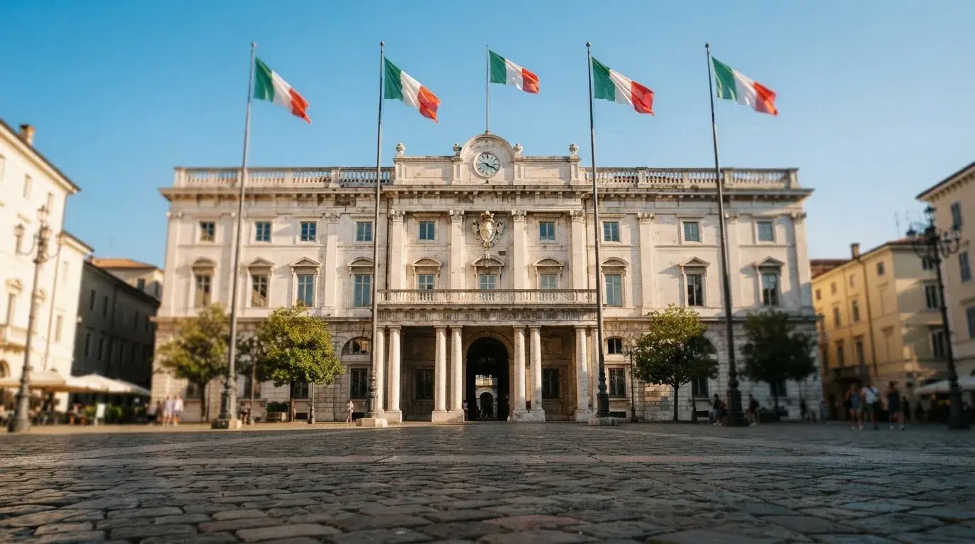 Palazzo istituzionale con bandiere al vento in una piazza soleggiata — casinò slot machines con rtp alto